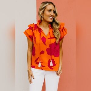 *NWT* THML Orange and Pink Floral Ruffle Sleeve Blouse
